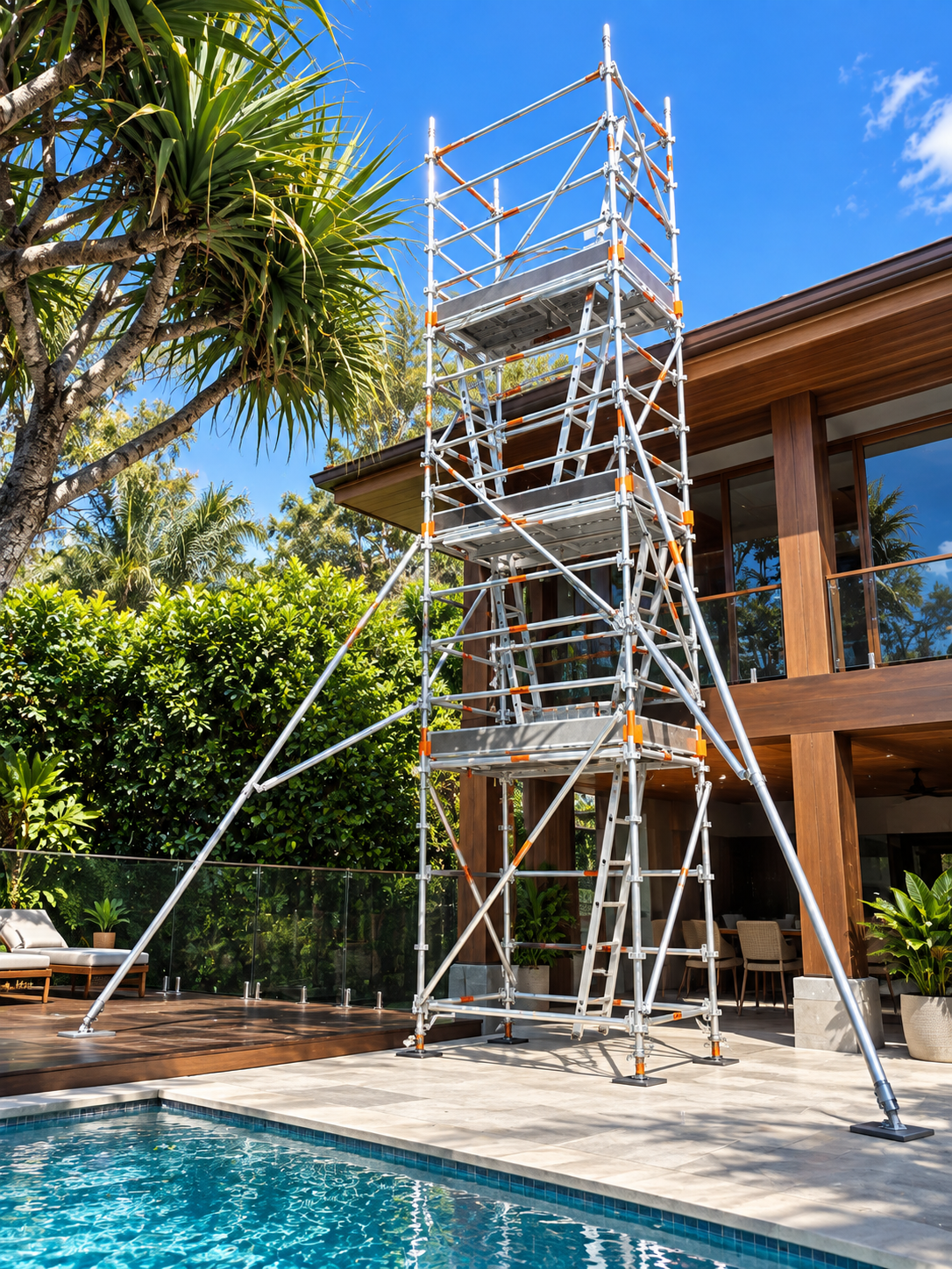 Aluminium tower scaffold set up beside a home with a pool