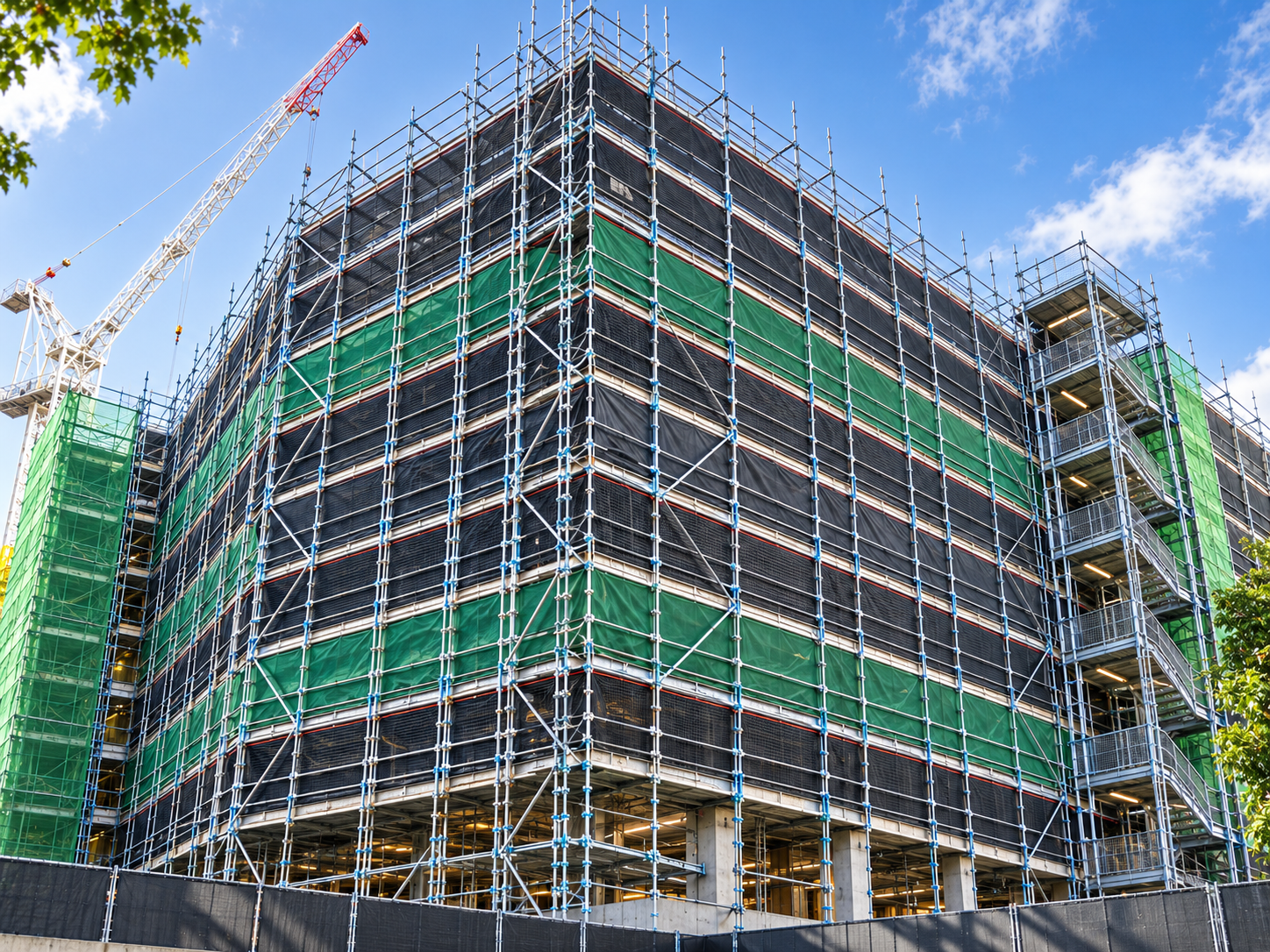 Large commercial building fully wrapped in scaffold with a crane alongside