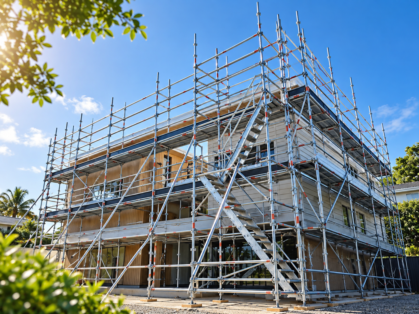 Large commercial building fully wrapped in scaffold with a crane alongside