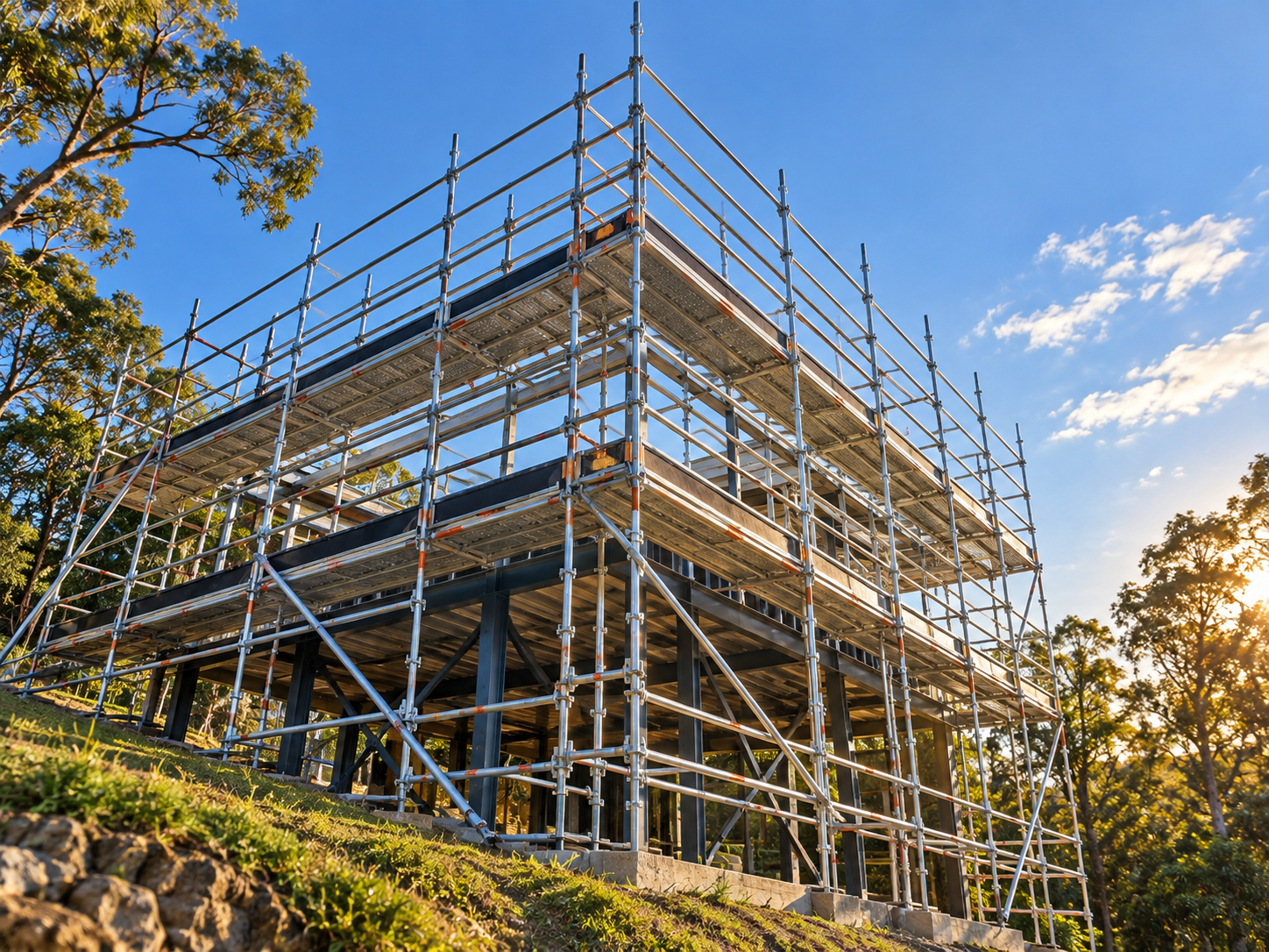 Steel-framed building fully wrapped in scaffold on a hillside site