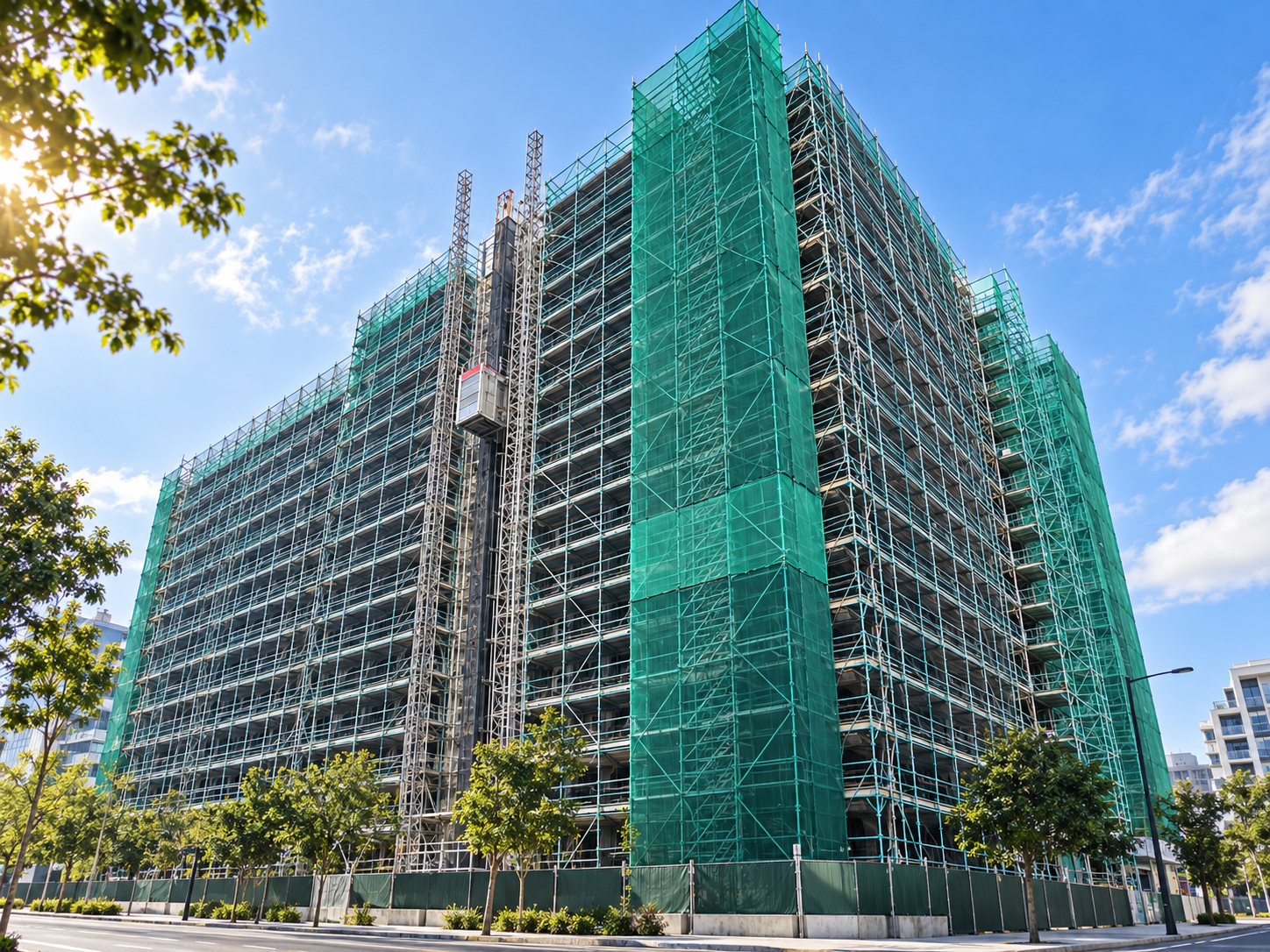 Multi-storey commercial building wrapped in scaffold and safety mesh